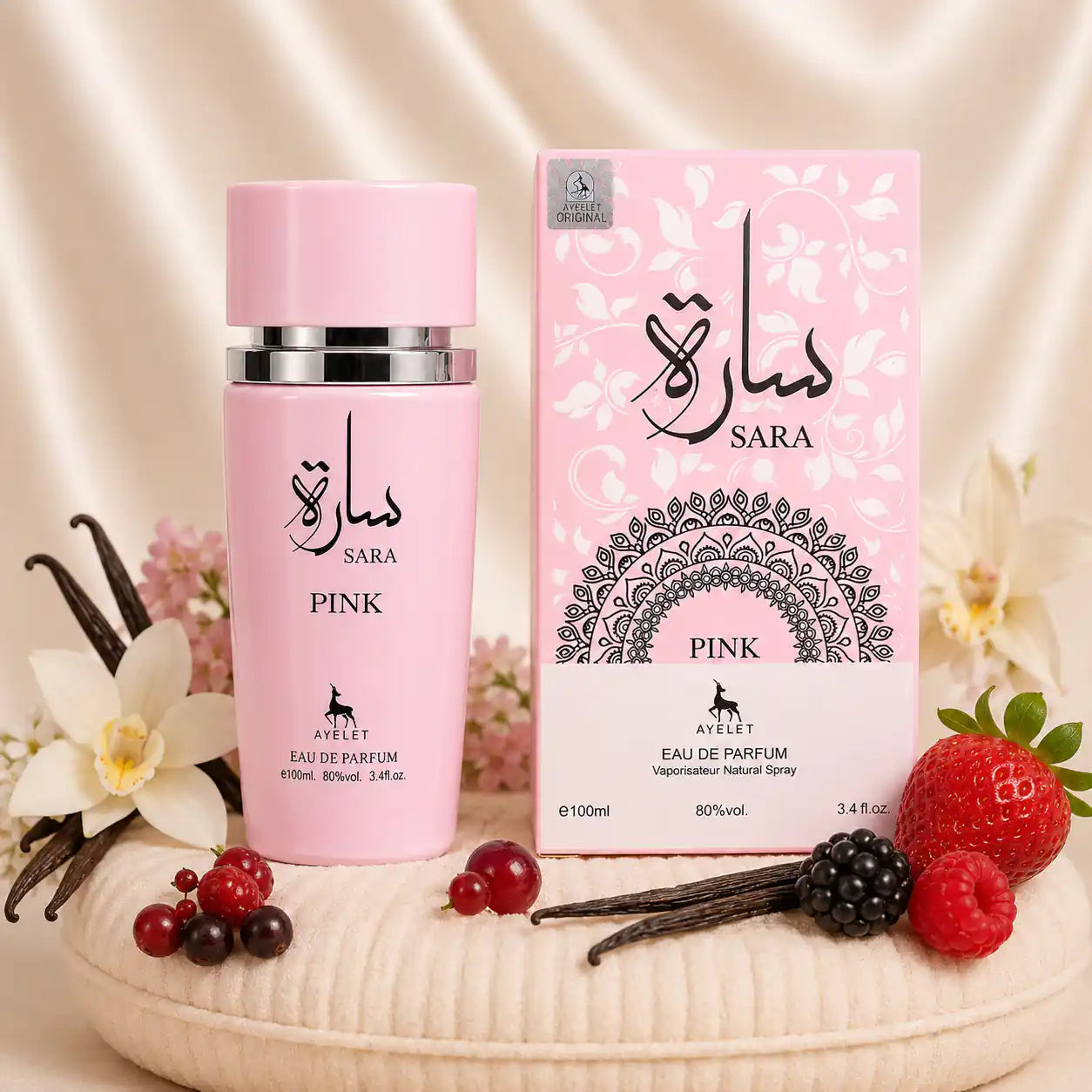 Sara Pink by ZEIRA Parfum Oriental Dama 100ml bottle with elegant pink and gold packaging, floral and oriental fragrance design
