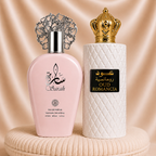 Set of two ZEIRA oriental women's perfumes featuring Oud Romancia and Sarah with elegant bottles and floral accents.