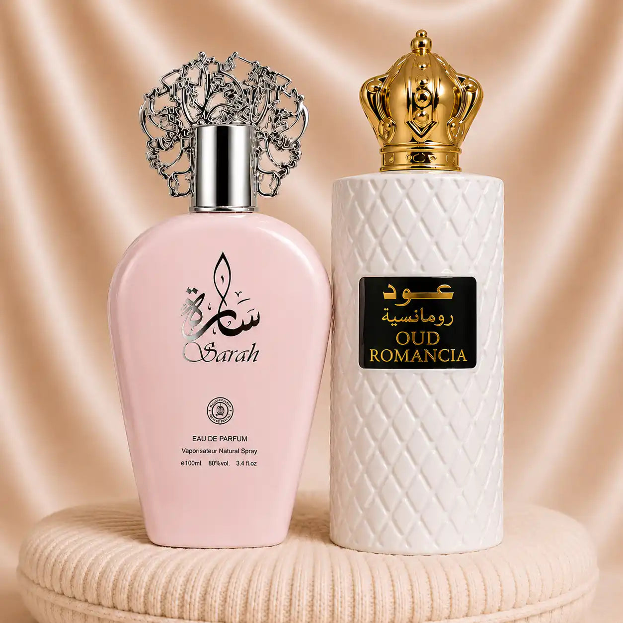 Set of two ZEIRA oriental women's perfumes featuring Oud Romancia and Sarah with elegant bottles and floral accents.