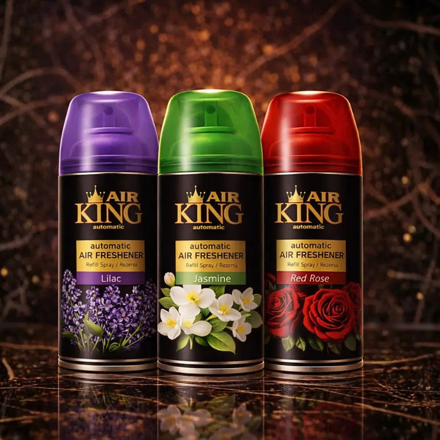 Set of 3 ZEIRA ambient sprays with Red Rose, Jasmine, and Lilac scents, featuring elegant bottles and floral designs.