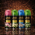Set of 4 ZEIRA ambient sprays featuring Magnolia, Jasmine, Mediterranean, and Lily of the Valley scents, displayed in bottles.