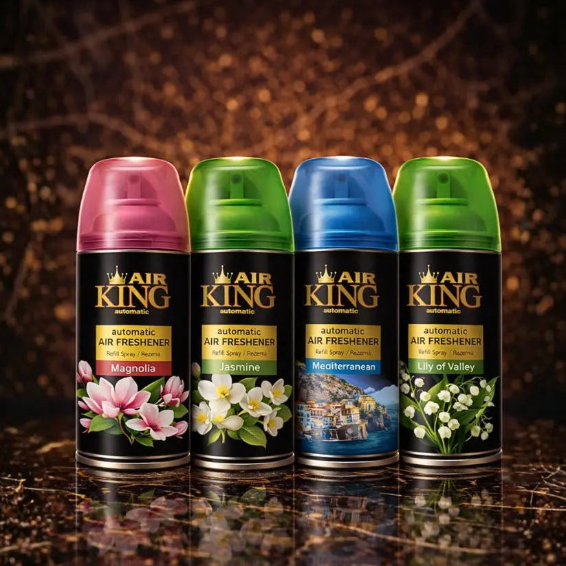 Set of 4 ZEIRA ambient sprays featuring Magnolia, Jasmine, Mediterranean, and Lily of the Valley scents, displayed in bottles.
