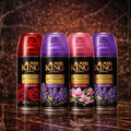 Set of 4 ZEIRA ambient spray bottles with scents of red rose, lilac, magnolia, and lavender, displayed in elegant packaging.