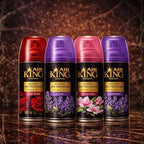 Set of 4 ZEIRA ambient spray bottles with scents of red rose, lilac, magnolia, and lavender, displayed in elegant packaging.