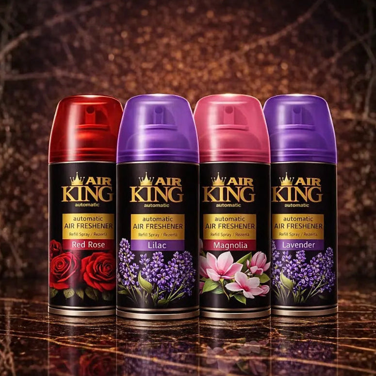 Set of 4 ZEIRA ambient spray bottles with scents of red rose, lilac, magnolia, and lavender, displayed in elegant packaging.