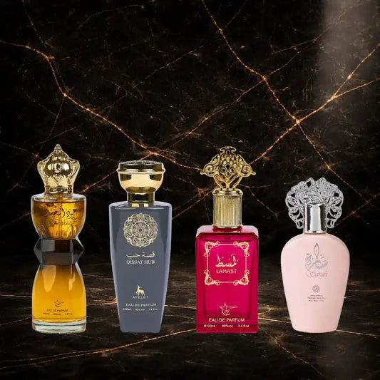 Set 4 Parfumuri Orientale - (2x dama + 2x barbati) Lamast + Sarah + Oud al Khashab + Qissat Hub Grey
