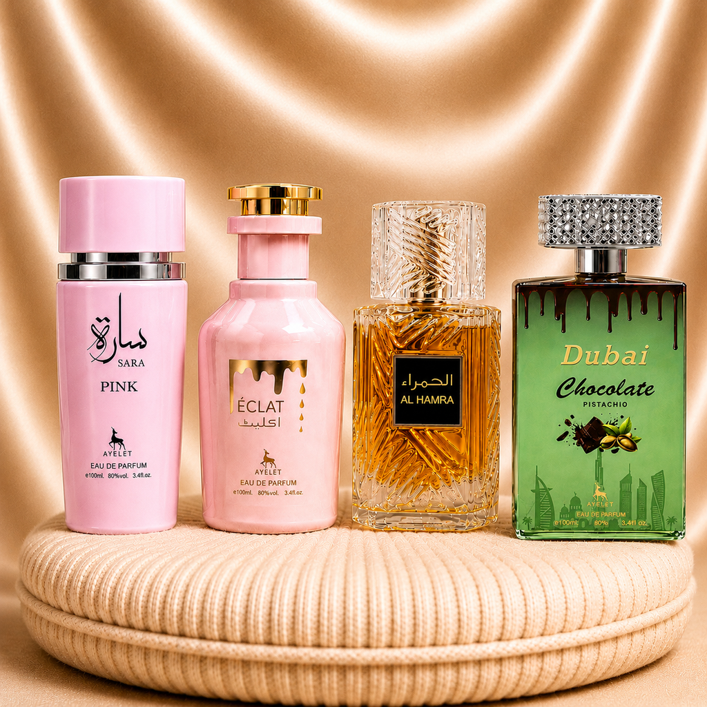 Set of four ZEIRA oriental perfumes including Sara Pink, Eclat, Al Hamra, and Dubai Chocolate pistachio for women and men.