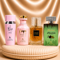 Set of four ZEIRA oriental perfumes including Sara Pink, Eclat, Al Hamra, and Dubai Chocolate pistachio for women and men.
