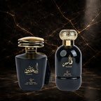 Set of two oriental men's perfumes by ZEIRA, featuring Khulood and Taseer, displayed in elegant bottles.