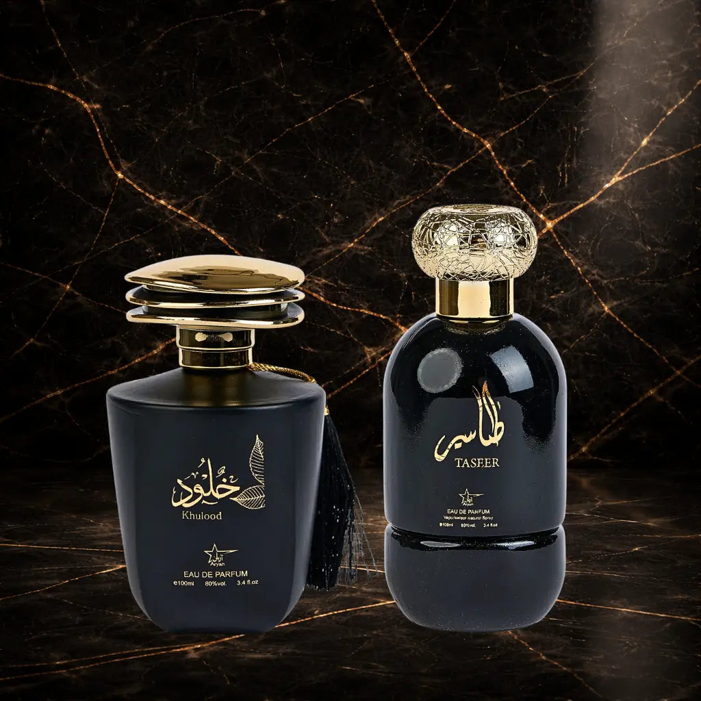 Set of two oriental men's perfumes by ZEIRA, featuring Khulood and Taseer, displayed in elegant bottles.