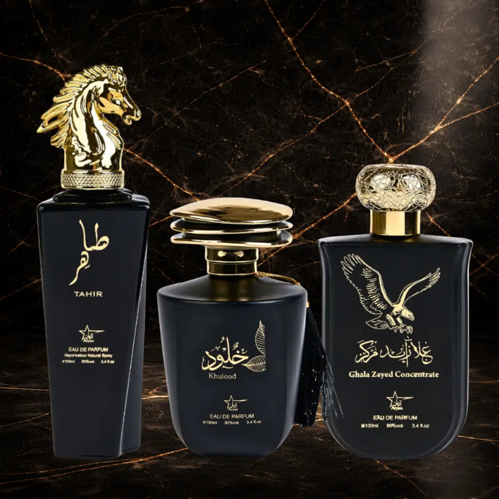 Set of three oriental men's perfumes by ZEIRA featuring Tahir, Khulood, and Ayati in elegant bottles.