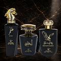Set of three oriental men's perfumes by ZEIRA featuring Tahir, Khulood, and Ayati in elegant bottles.