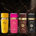 Set of four ZEIRA oriental perfumes including Sara Candy, Sara Two, Apollo Mane brown, and Apollo Mane black bottles.