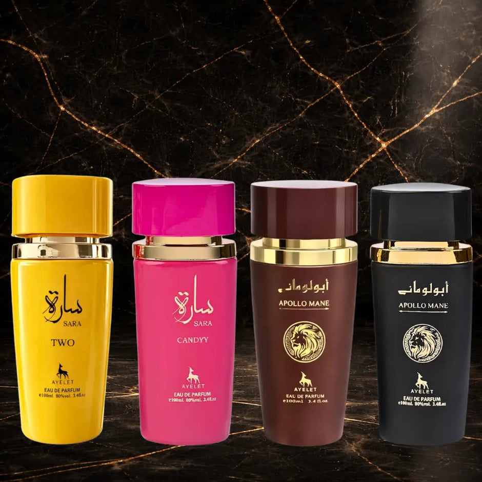 Set of four ZEIRA oriental perfumes including Sara Candy, Sara Two, Apollo Mane brown, and Apollo Mane black bottles.
