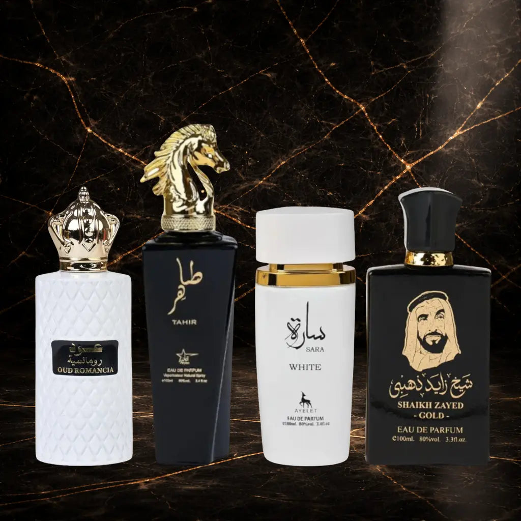 Set 4 parfumuri orientale ( 2x dama + 2x barbati) - Oud Romancia + Tahir + Sara White + Sheik Zayed Gold - ZEIRA