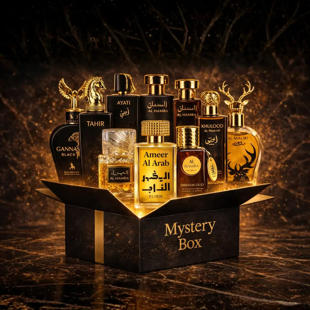 Zeira Mystery Box VIP with 10 top Arabesti perfumes for men, featuring elegant bottles and free shipping.