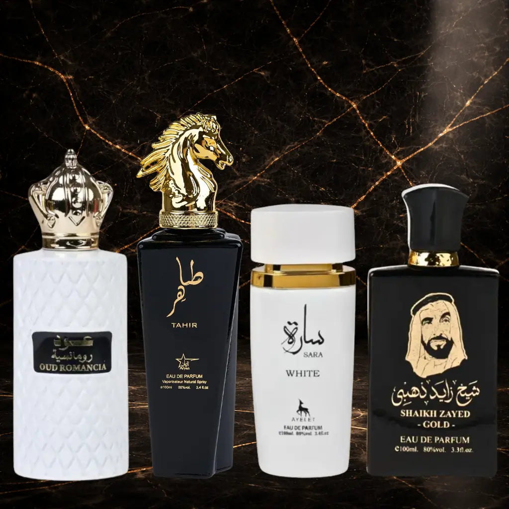 Set of four oriental perfumes including Oud Romancia, Tahir, Sara White, and Sheik Zayed Gold by Maleila, displayed with bottles.