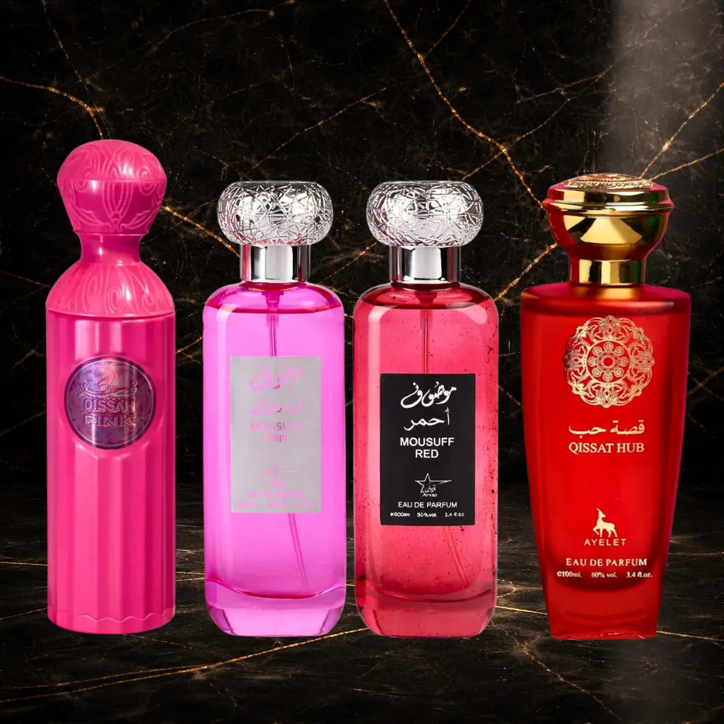 Set 4 Parfumuri Orientale Dama – Qissah Pink + Mousuff Pink + Mousuff Red + Qissat Hub