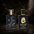 Set of two oriental men's perfumes by ZEIRA featuring Malik Al Lail and Shaikh Zayed Gold bottles on a neutral background.