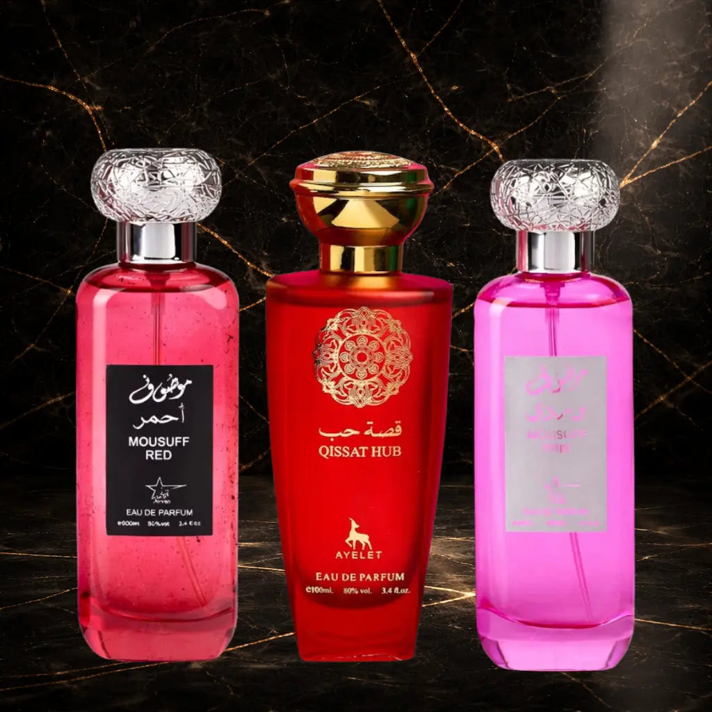 Set 3 Parfumuri Orientale Dama - Mousuff Red + Qissat Hub Red + Mousuff Pink