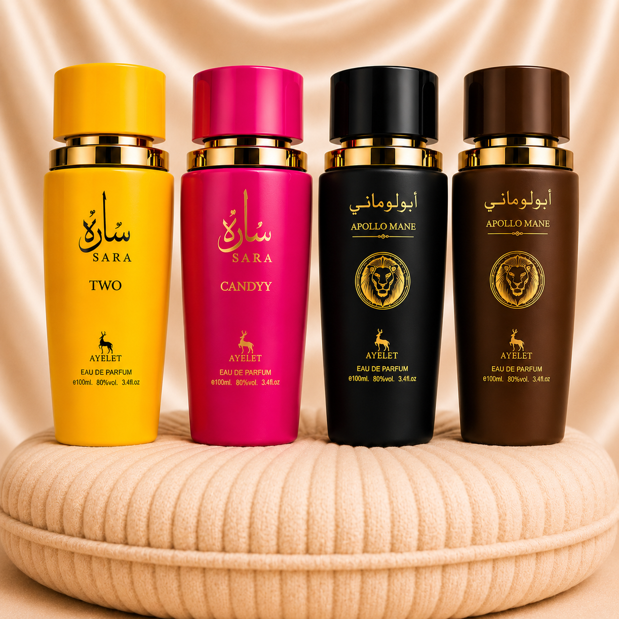 Set of four ZEIRA oriental perfumes including Sara Candy, Sara Two, Apollo Mane brown, and Apollo Mane black bottles.