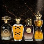 Set of four oriental men's perfumes by ZEIRA, featuring Ibda Al Oud, Oud Modern, Dirham Oud, and Oud Al Khashab.