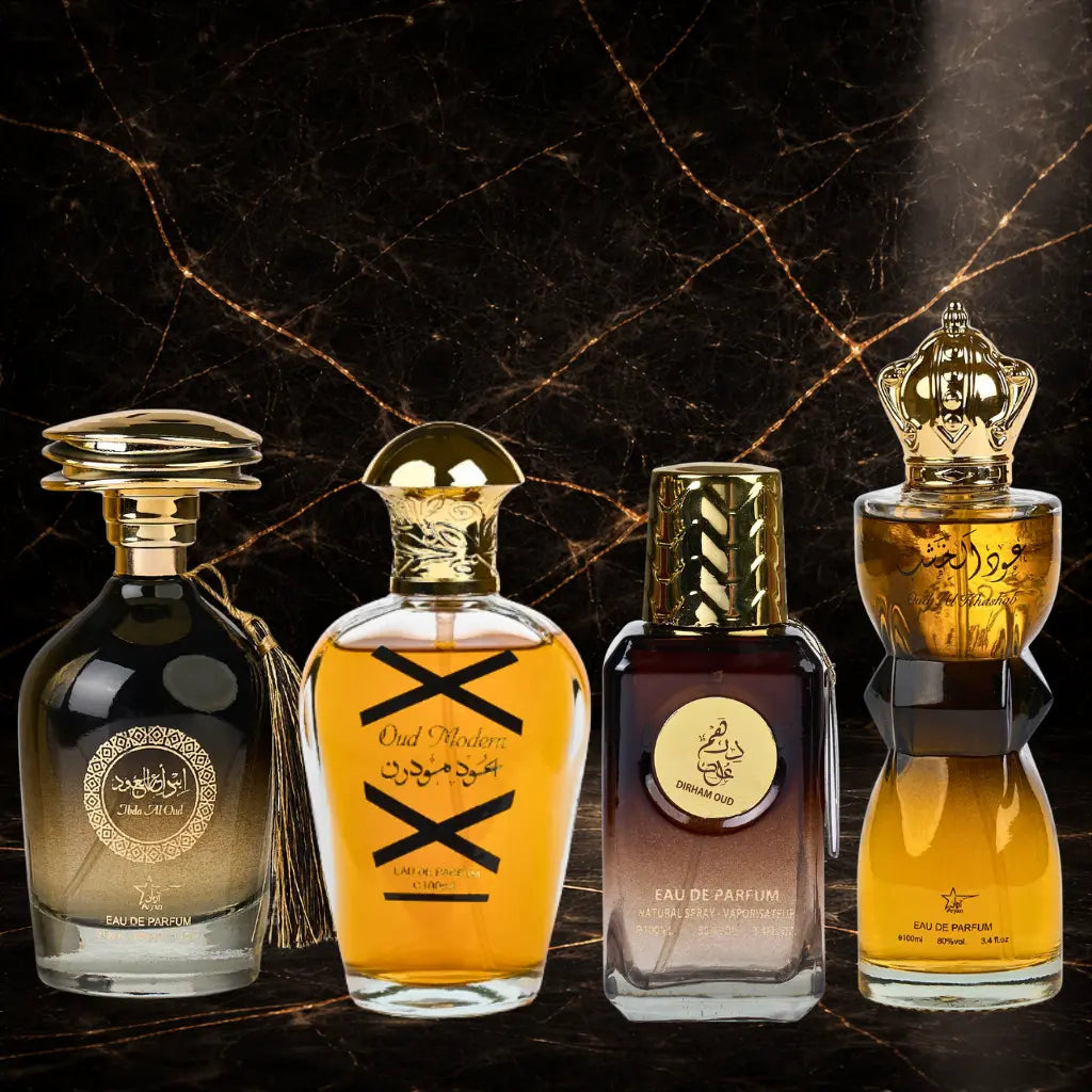 Set of four oriental men's perfumes by ZEIRA, featuring Ibda Al Oud, Oud Modern, Dirham Oud, and Oud Al Khashab.