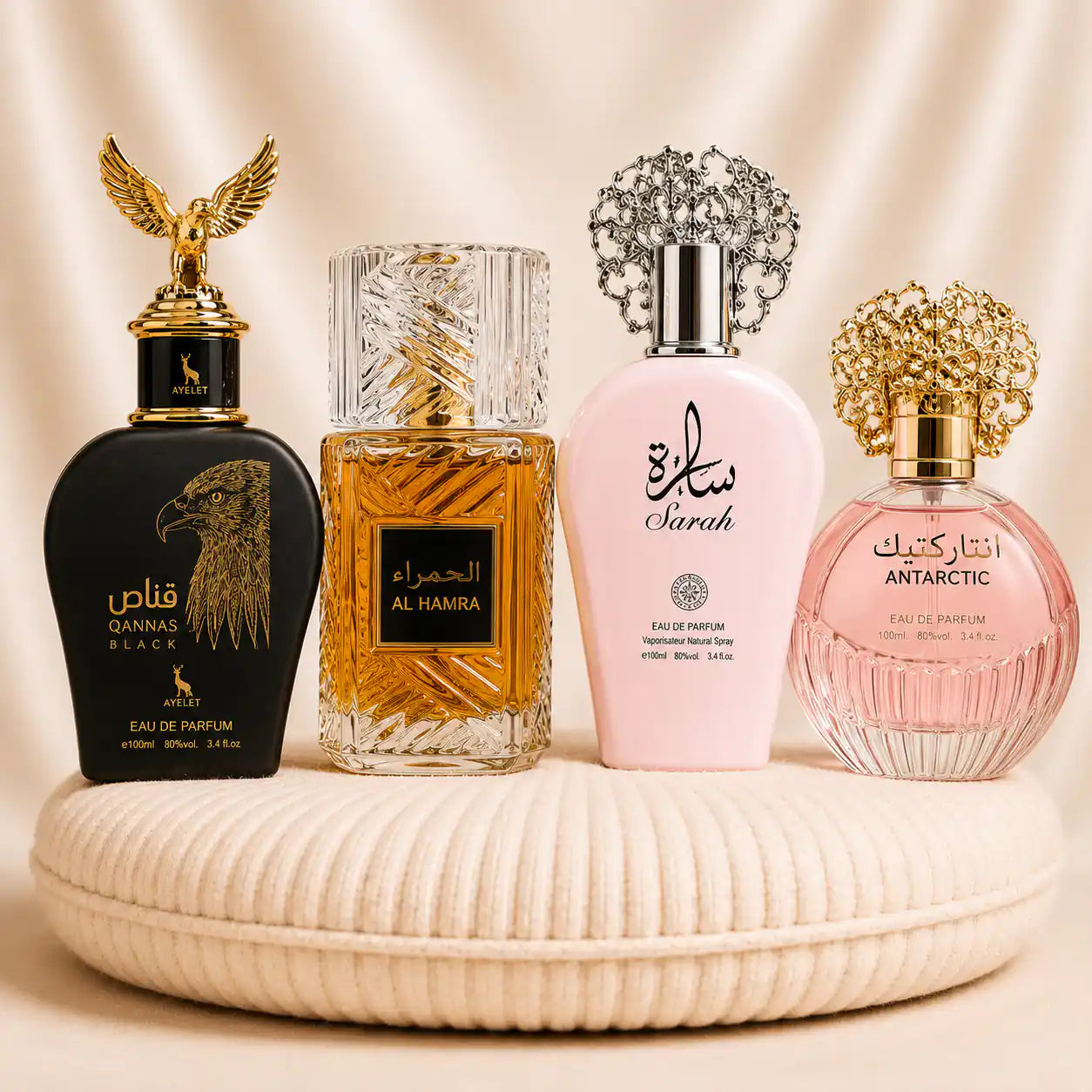Set of four oriental perfumes by ZEIRA, featuring two for women and two for men: Qannas Black, Al Hamra, Antarctic Pink, and Sarah.
