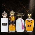 Set of 4 ZEIRA oriental perfumes including Oud Romancia, Oud Al Khashab, Aliya, and Oud Modern for women and men.