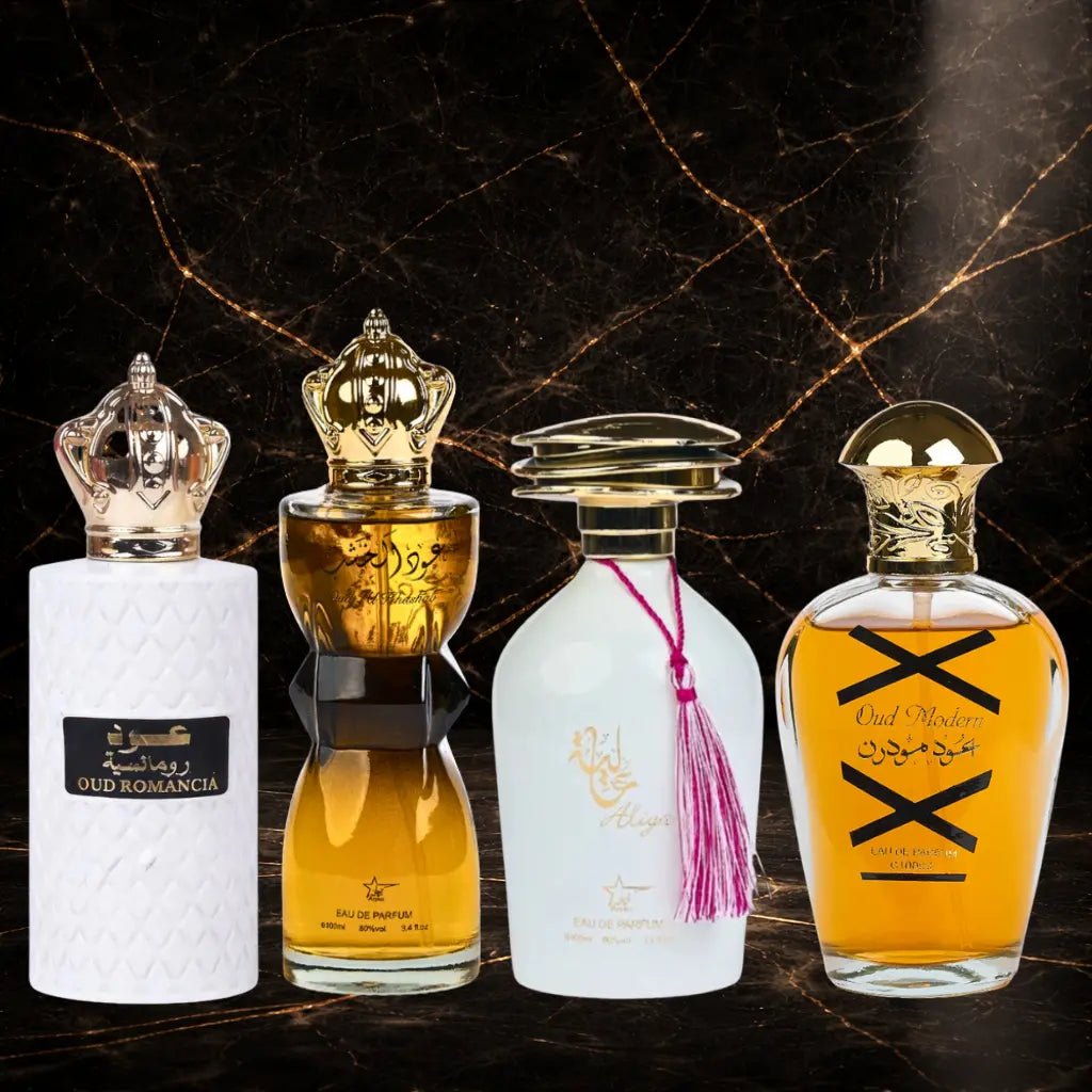 Set of 4 ZEIRA oriental perfumes including Oud Romancia, Oud Al Khashab, Aliya, and Oud Modern for women and men.