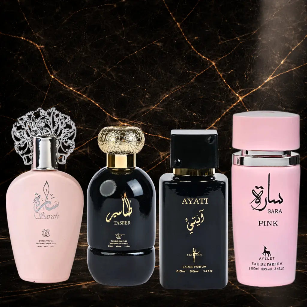 Set 4 Parfumuri Orientale (2x Dama + 2x Barbat) - Sarah + Sara Pink + Taseer + Ayati