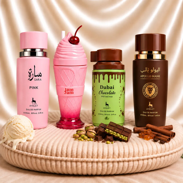 Set 4 Parfumuri Orientale (2x Dama + 2x Barbat) - Sara Pink + JamJam + Dubai Chocolate + Apollo Brown