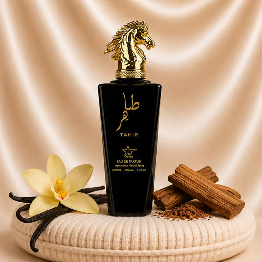 Set of three ZEIRA oriental men's perfumes including Tahir, Al Maliki, and Qannas Black bottles.