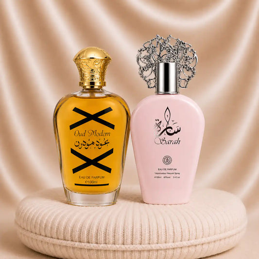 Set of two oriental perfumes for women and men by ZEIRA, featuring Sarah and Oud Modern fragrances.