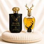 Set of two ZEIRA oriental men's perfumes featuring Ghala Zayed concentrate and Al Maliki with elegant bottles.