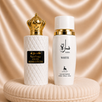 Set of two women's oriental perfumes by ZEIRA: Sara White and Oud Romancia, featuring elegant bottles and luxurious fragrances.
