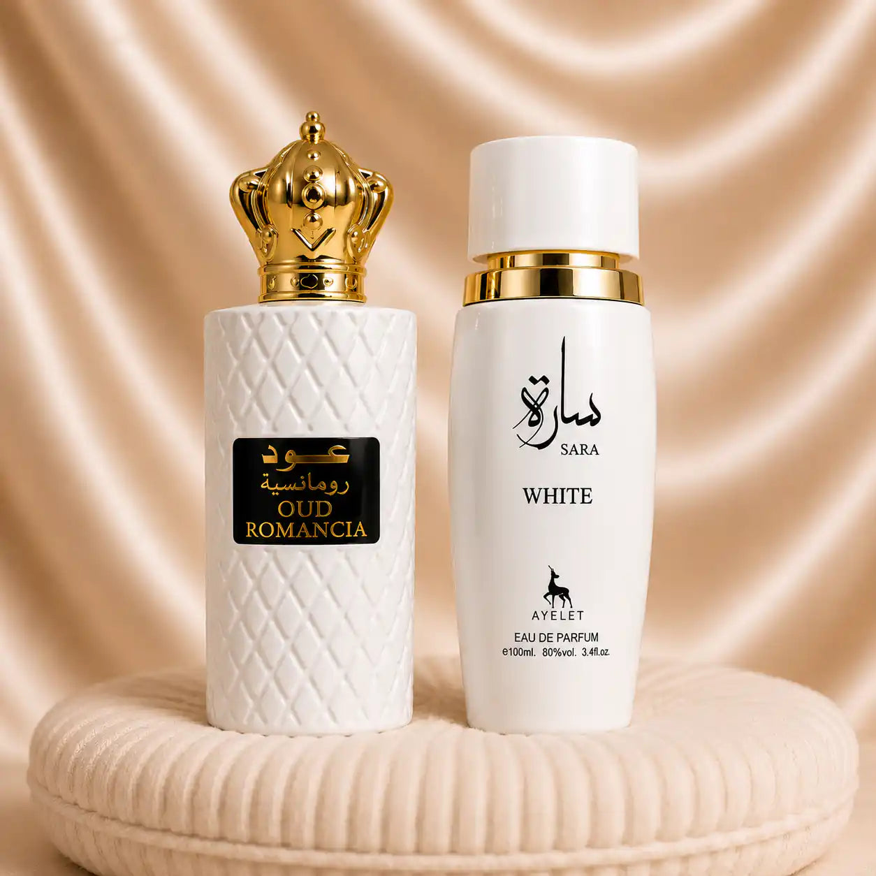 Set of two women's oriental perfumes by ZEIRA: Sara White and Oud Romancia, featuring elegant bottles and luxurious fragrances.