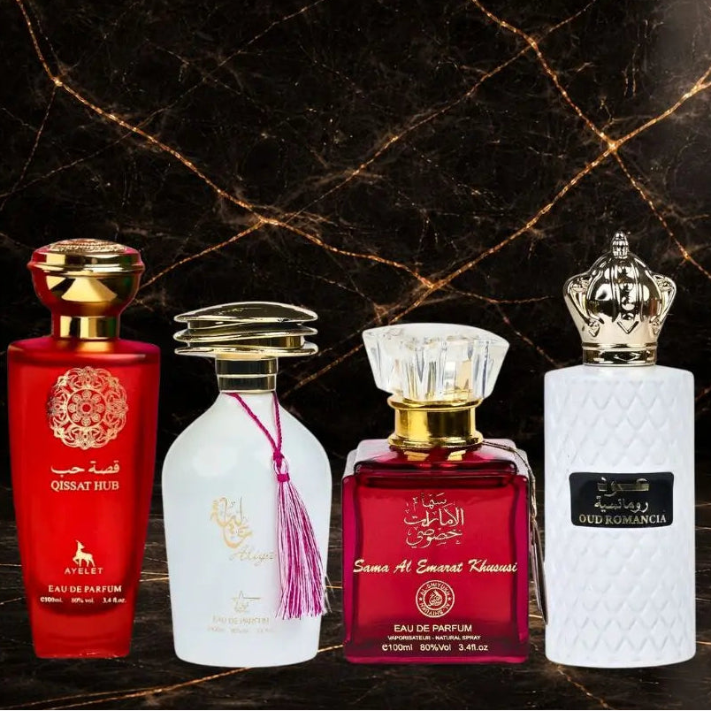 Set 4 Parfumuri Orientale Dama - Qissat Hub Red + Aliya + Sama Al Emarat + Oud Romancia - ZEIRA