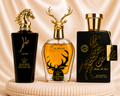 Set of three oriental men's perfumes by ZEIRA, featuring Tahir, Al Maliki, and Qannas Black in elegant bottles.