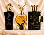 Set of three oriental men's perfumes by ZEIRA, featuring Tahir, Al Maliki, and Qannas Black in elegant bottles.