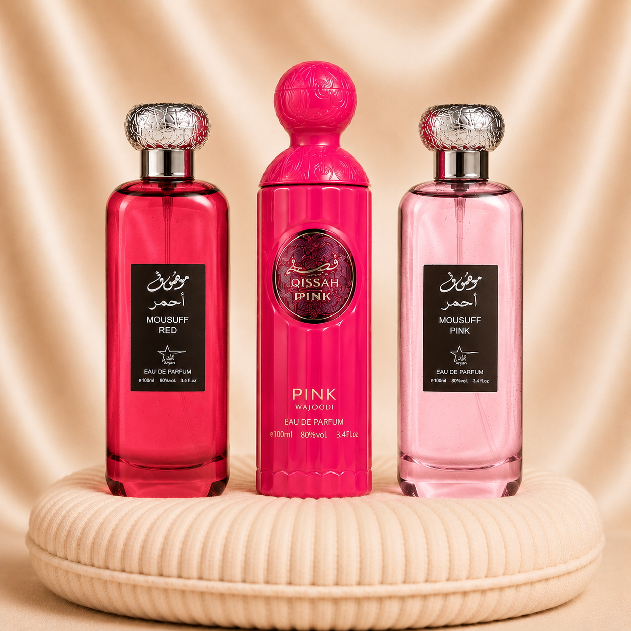 Set of 3 ZEIRA oriental female perfumes featuring Mousuff Red, Qissah Pink, and Mousuff Pink bottles.