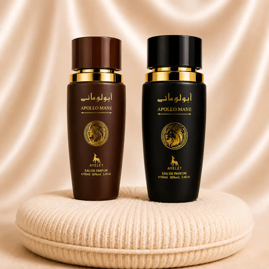 Set of two ZEIRA Apollo Mane oriental men's perfumes, brown and black bottles, featuring elegant packaging and perfume sprays.