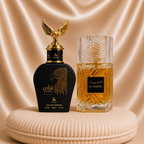 Set of two oriental men's perfumes by ZEIRA: Al Hamra Royal and Qannas Black, displayed in elegant bottles.