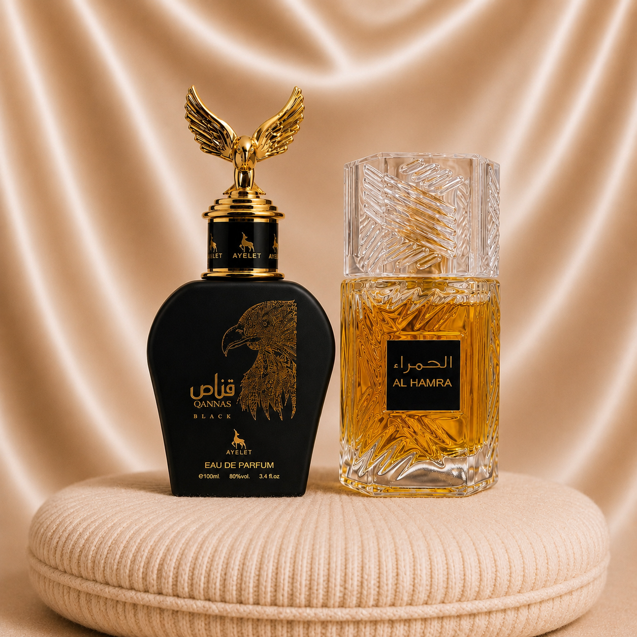 Set of two oriental men's perfumes by ZEIRA: Al Hamra Royal and Qannas Black, displayed in elegant bottles.