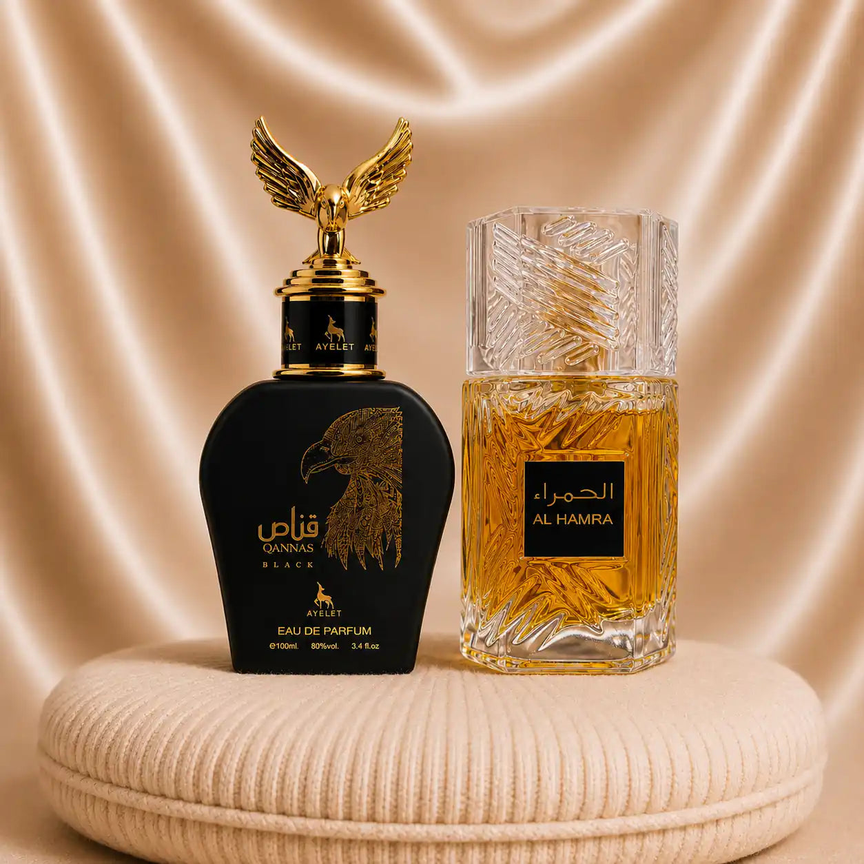 Set of two oriental men's perfumes by ZEIRA: Al Hamra Royal and Qannas Black, displayed in elegant bottles.