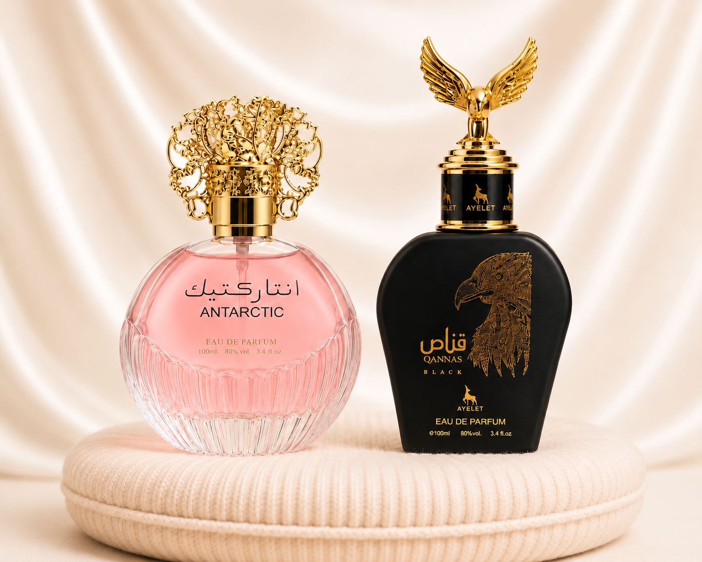 Set of two oriental perfumes by Zeira, featuring Dama and Barbat scents, with Qannas Black and Antarctic Pink bottles.