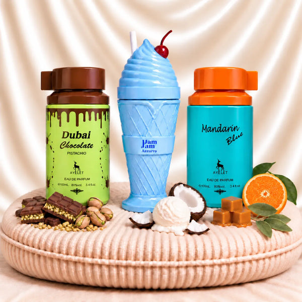 Set 3 Parfumuri Orientale (1x Dama + 2x Barbat) - Dubai Chocolate + JamJam Azzuro + Mandarin Blue