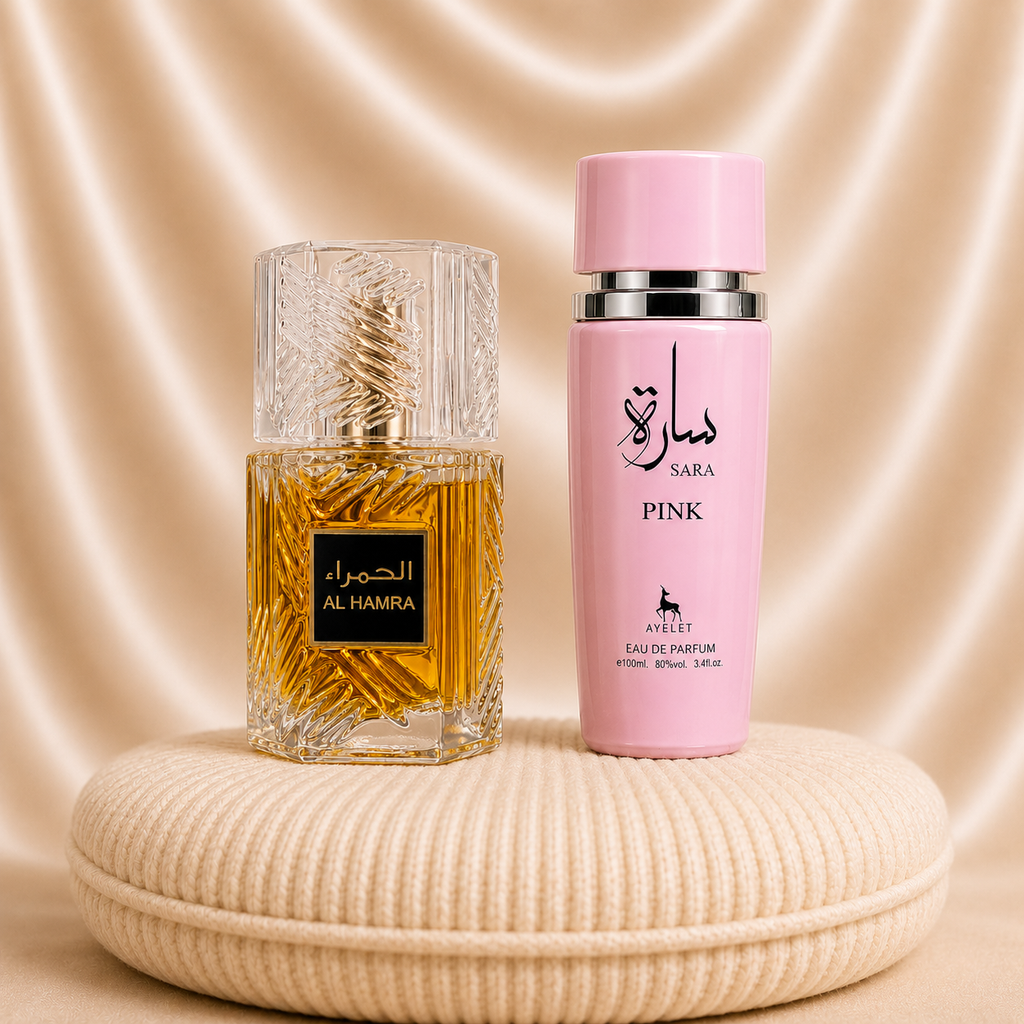 Set of two ZEIRA oriental perfumes for women and men, Sara Pink and Al Hamra Royal, displayed in elegant bottles.