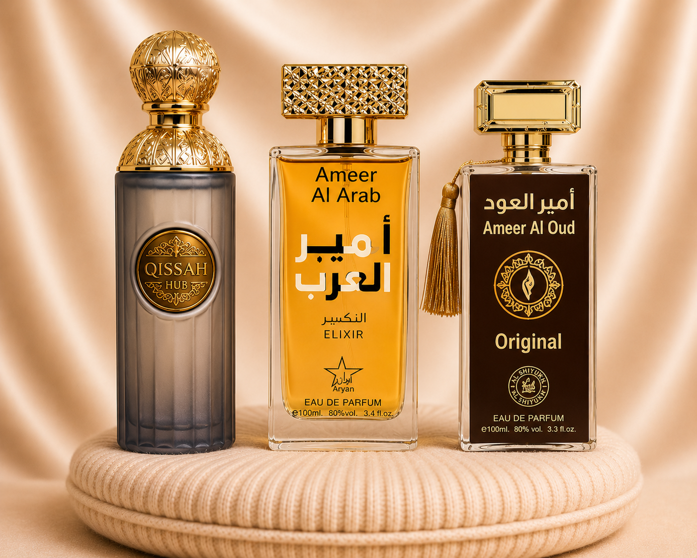 Set of three oriental men's perfumes by ZEIRA including Ameer Al Oud Original, Qissah Grey, and Ameer Al Arab Elixir.