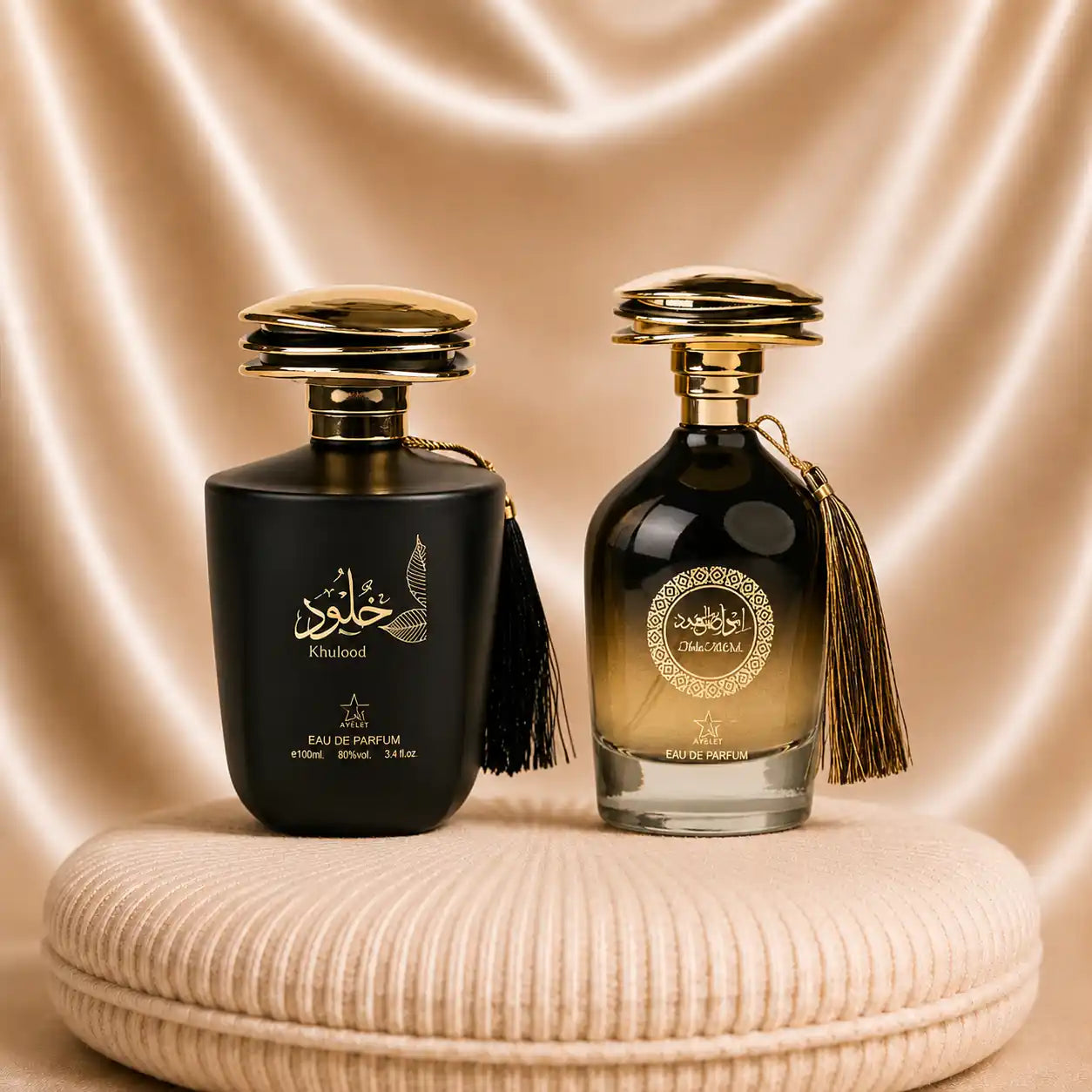 Set of two oriental men's perfumes by ZEIRA, featuring Khulood and Ibda Al Oud, displayed in elegant bottles.